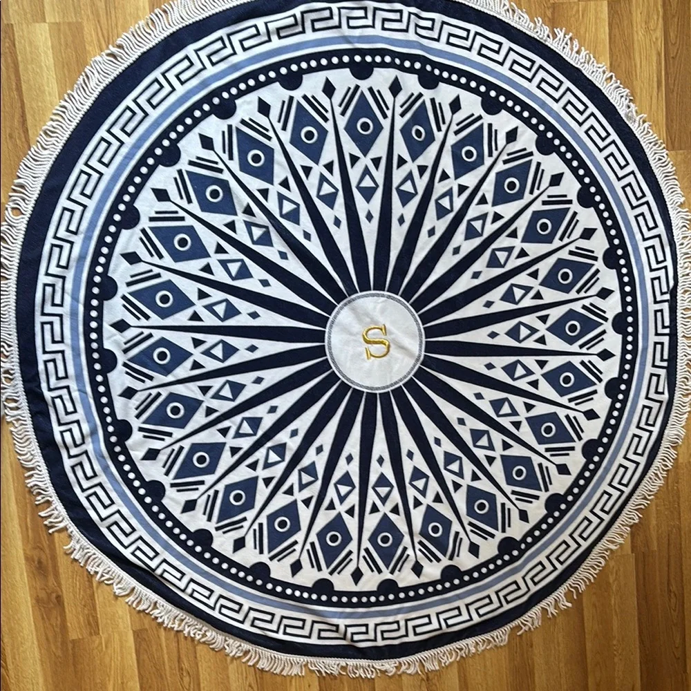 Blue and White Circular Beach Towel